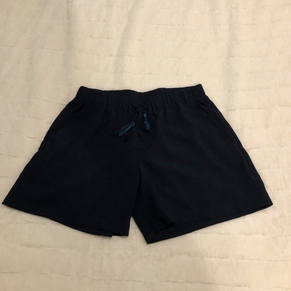 Navy High Waisted Shorts with Fringe Tie - Picture 1 of 6